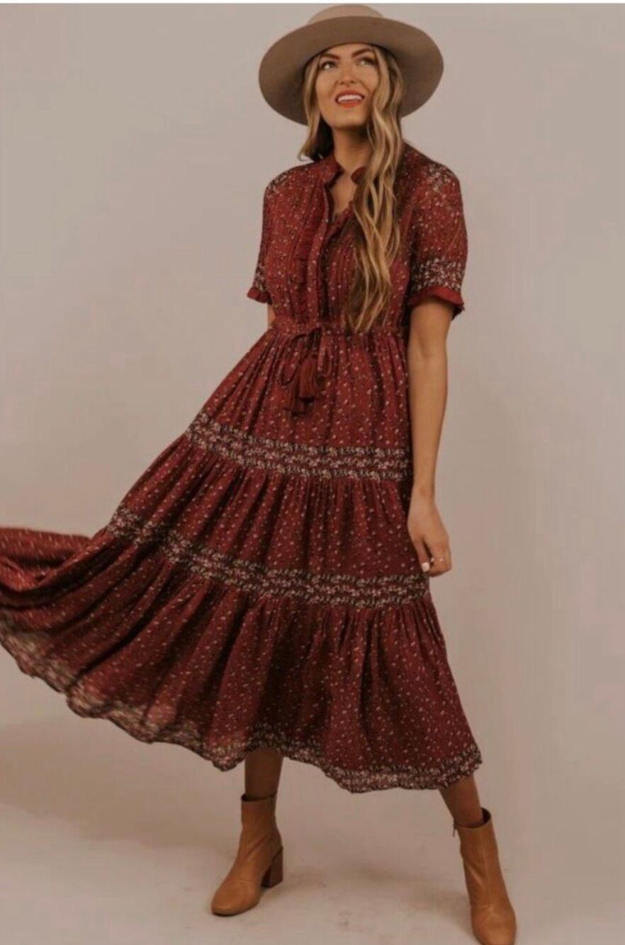 Free People Rare Feeling Maxi Dress M Burgundy Floral Tiered Ruffle Boho Prairie
